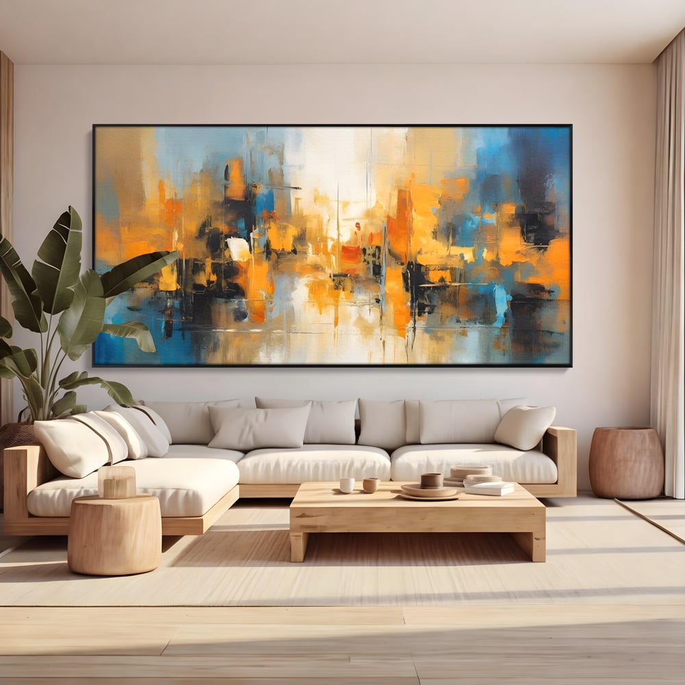 Tablou canvas cu pictura abstracta cu reflexii in apa, in rama de aluminiu negru, pe perete intr-un living